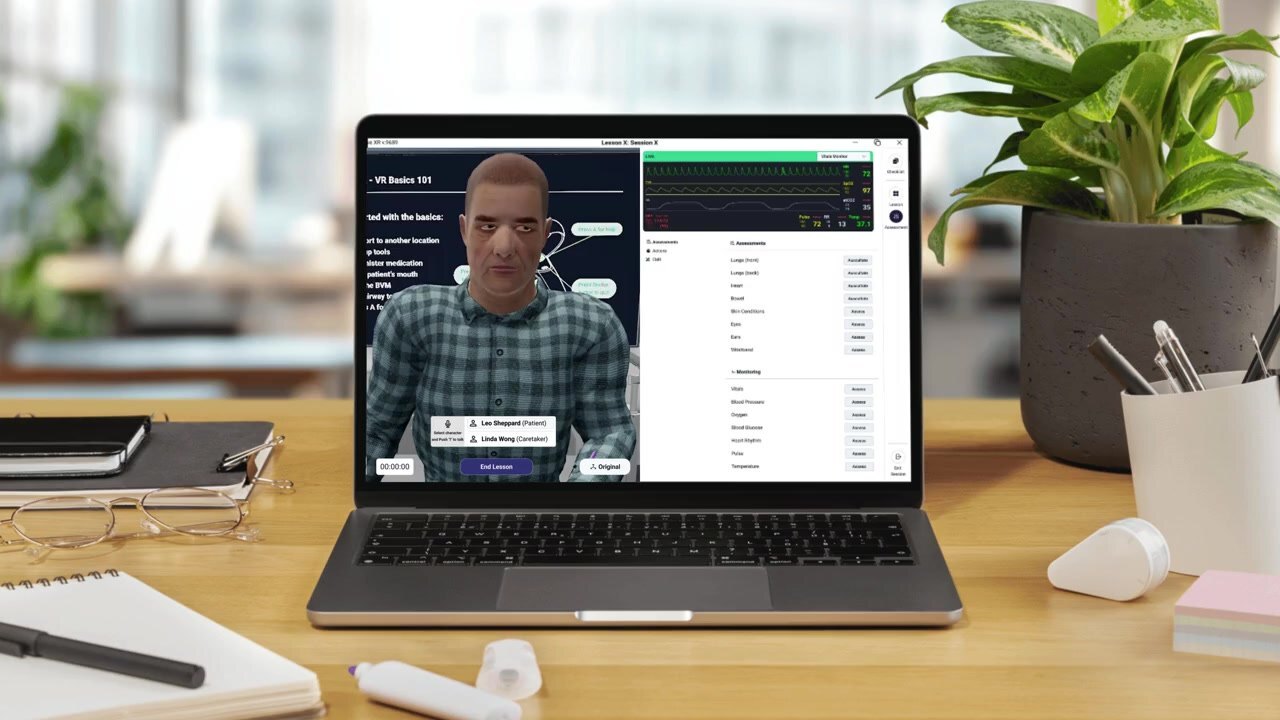 Educator testing an AI patient conversation on a laptop