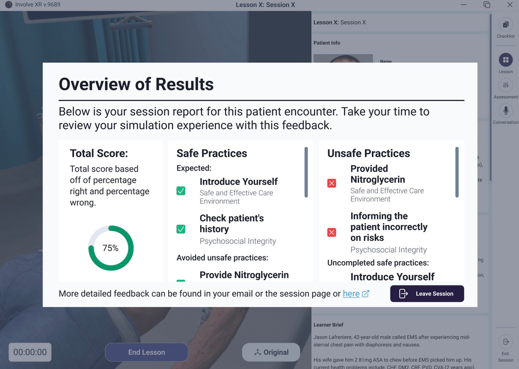 Overview of Results screen with score and practices