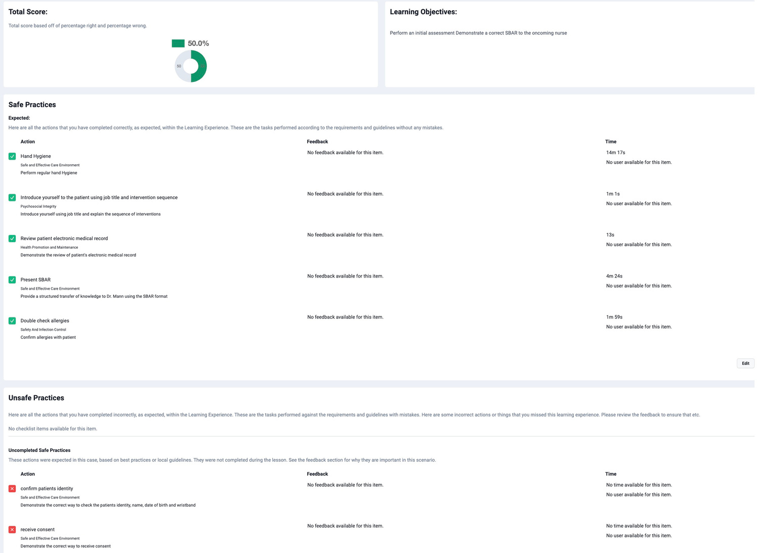 Session summary with score, checklist, and safe practices