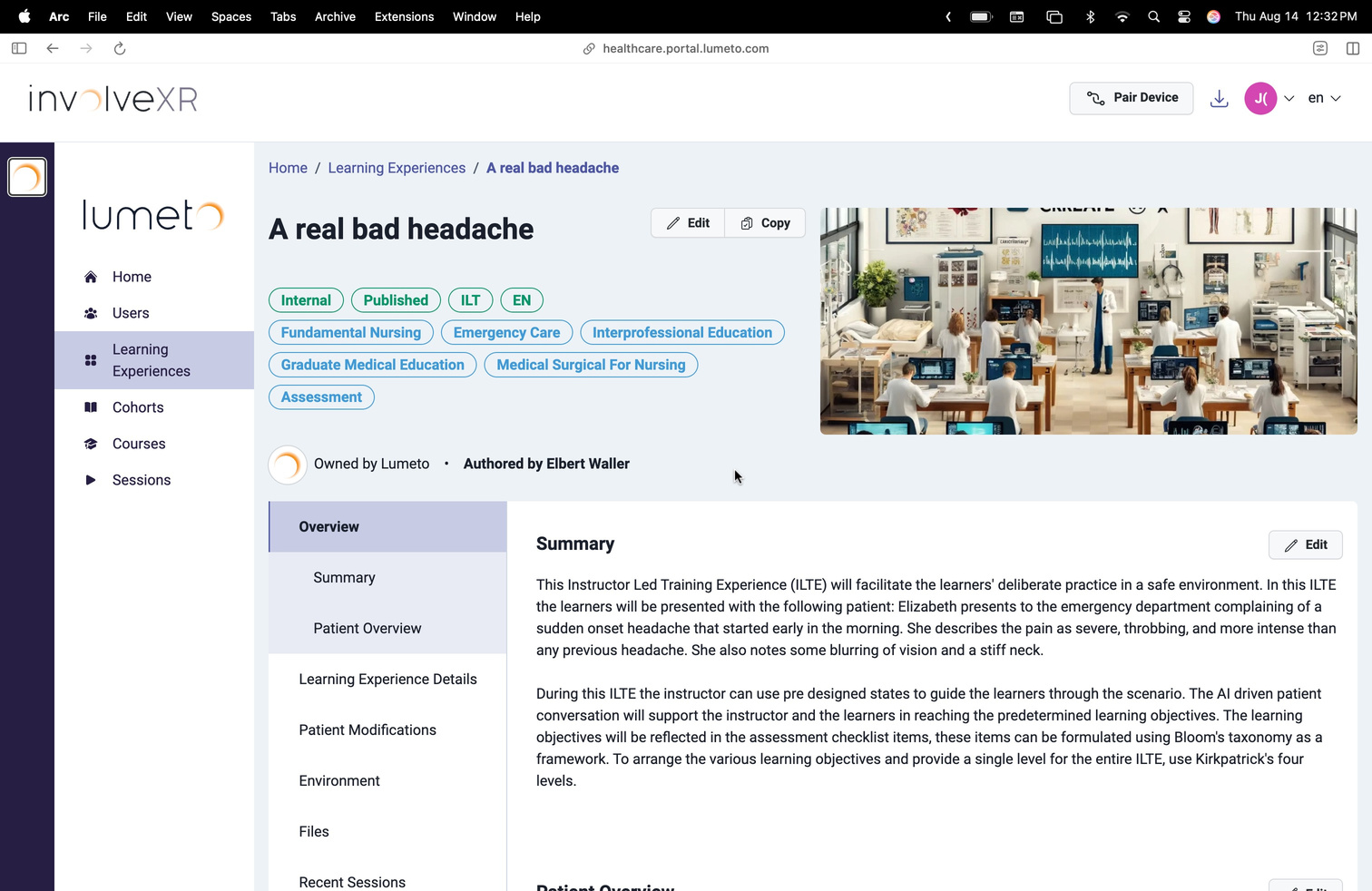 Learning experience page in the Web Portal