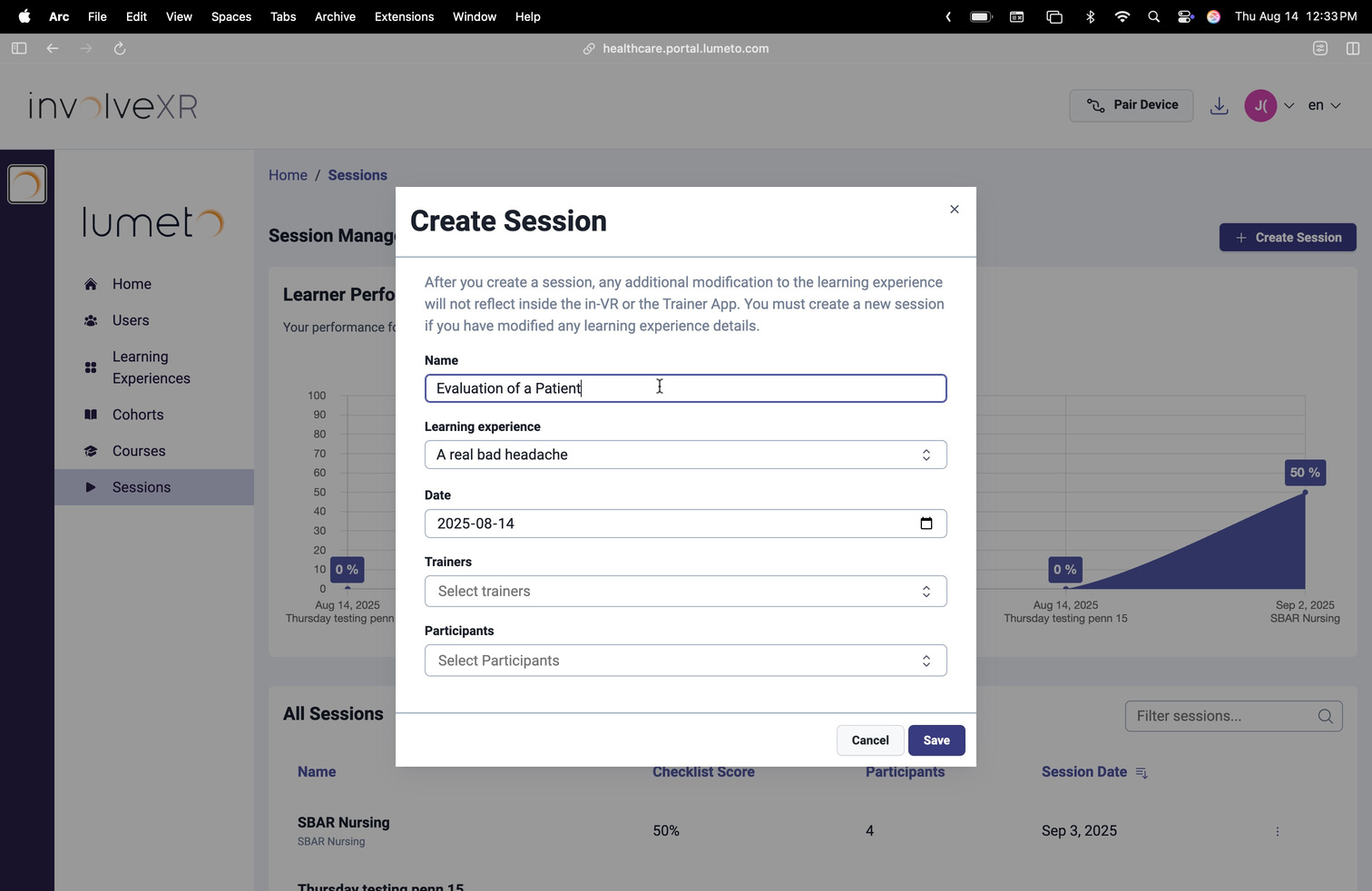 Create Session window in the Web Portal