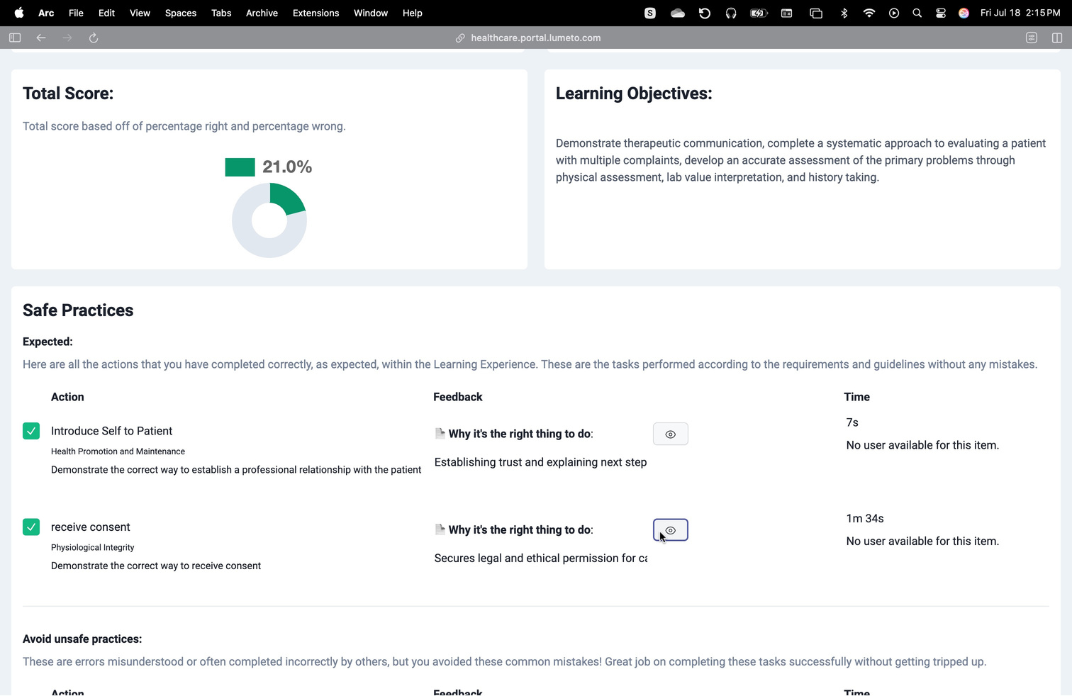 Session report with score and safe practices