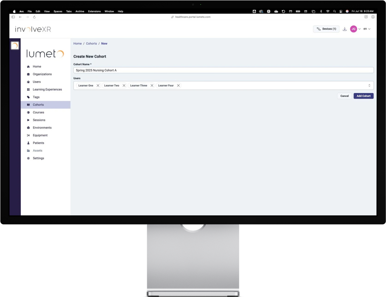 Create cohort screen on a monitor