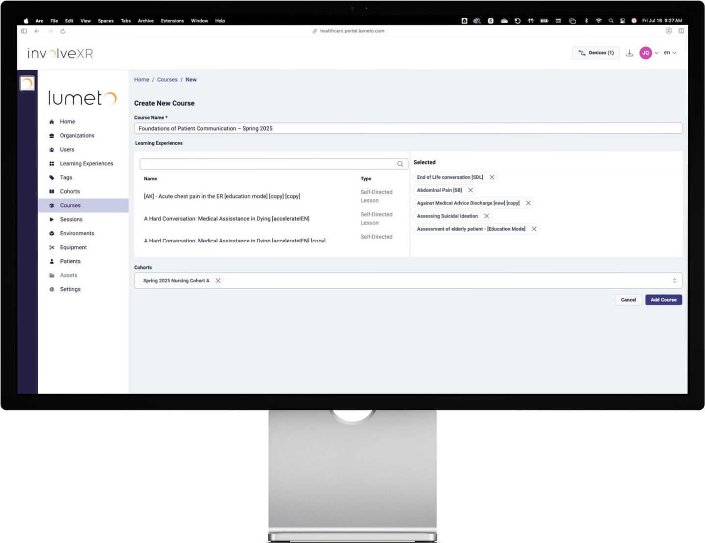Create Course screen on a monitor