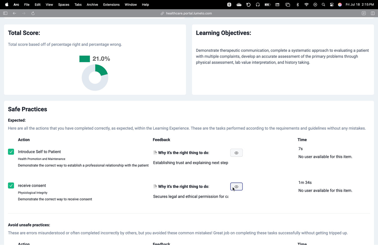 Session report with score and safe practices