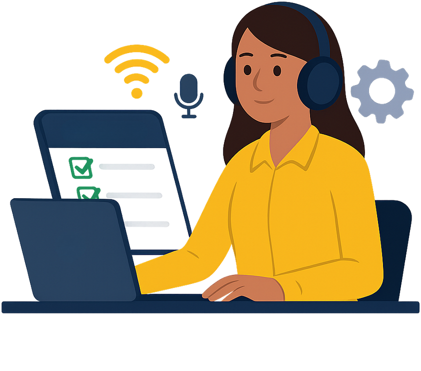 Illustration of a trainer with a headset at a laptop