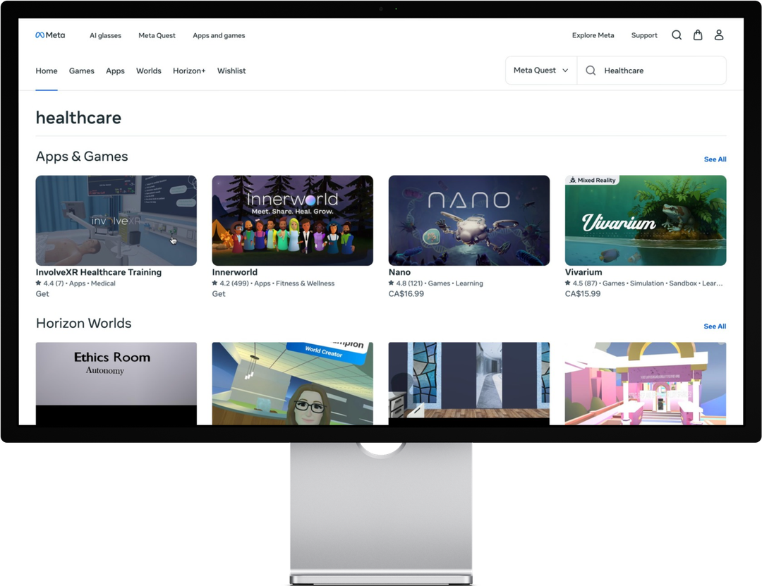 Meta Quest Store search results for Healthcare on a monitor
