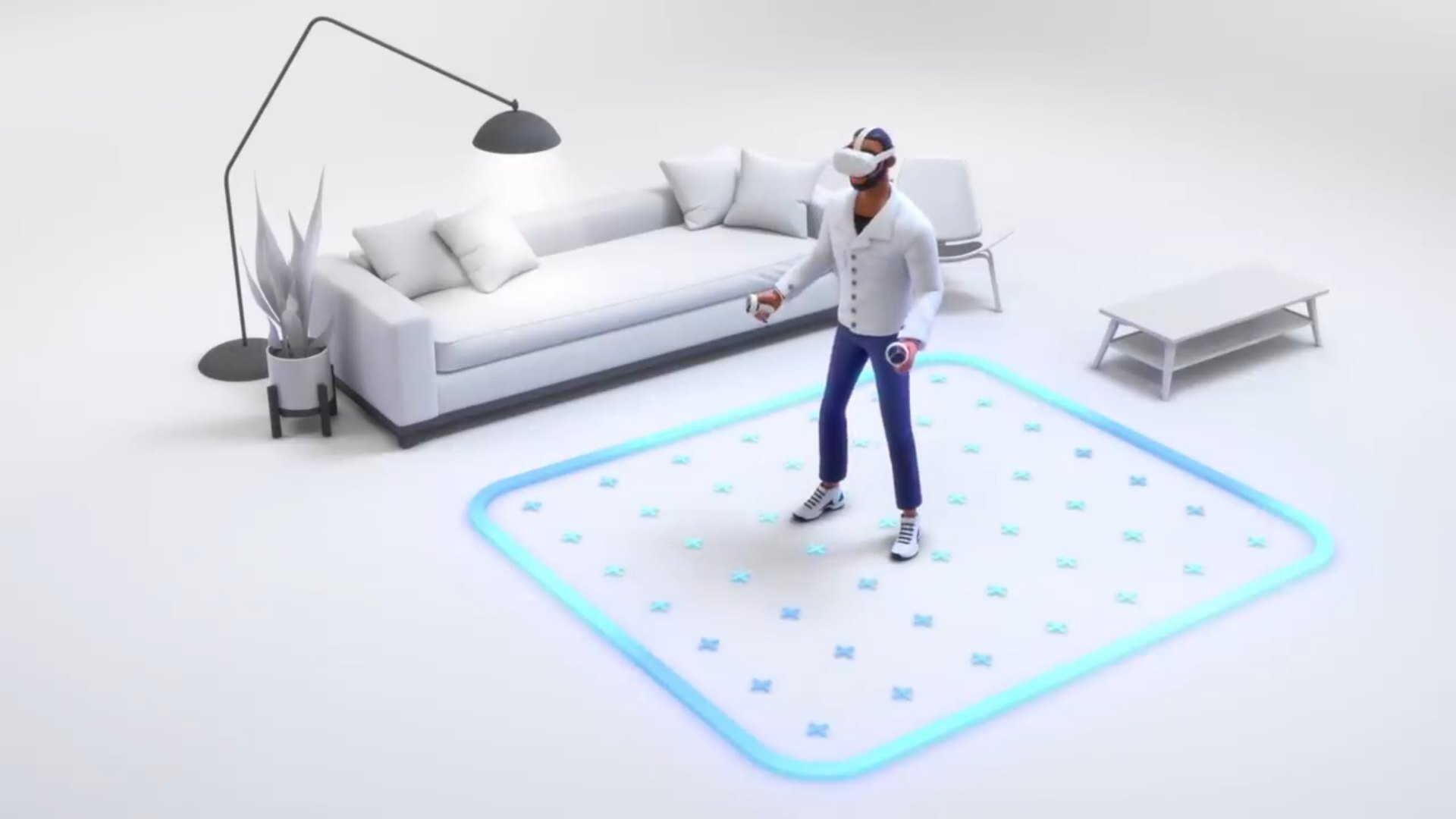 Person in a VR headset standing inside a marked play area