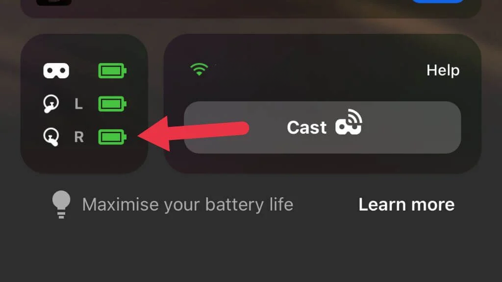 Headset menu showing controller battery levels