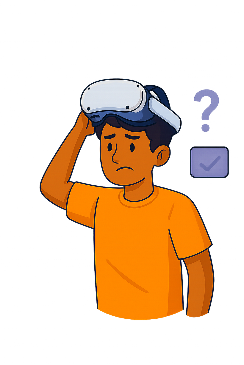 Illustration of a confused person holding a headset