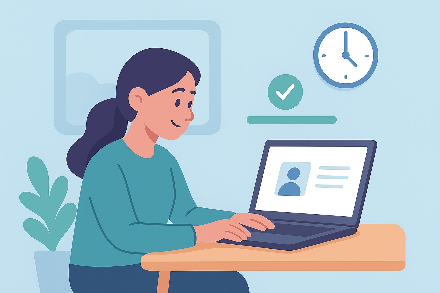 Illustration of a learner completing a lesson on a laptop at her own pace